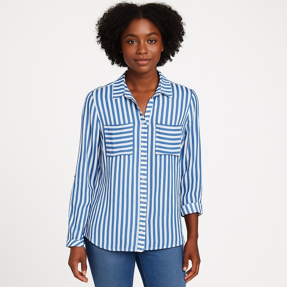 RUBY RD Blue White Striped Button Front Roll Tab Sleeve Blouse Small - Picture 1 of 7